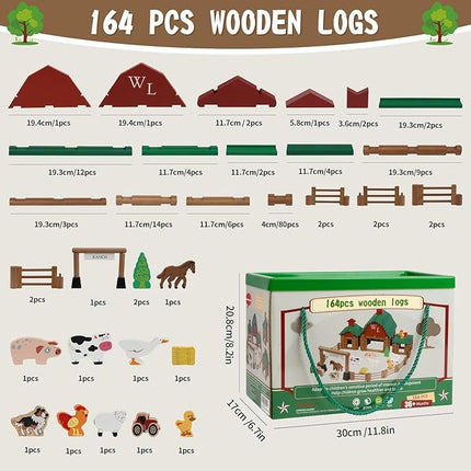 Wondertoys 164 Pcs Wooden Log Set Ranch Real Wood Logs Classic Building Log Ages 3+ Best Retro Farm Building Gift Set Creative Construction Engineering Educational Gifts