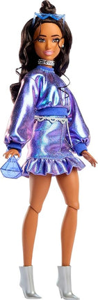 Barbie Deluxe Style Doll #7 in Metallic Blue Top and Skirt, Wavy Brown Hair, Accessories Like Silvery Jewelry, Crystal Handbag and Sunglasses