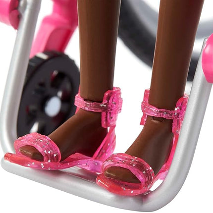 Barbie Doll with Wheelchair and Ramp, Kids Toys, Barbie Fashionistas, Curly Black Hair, Rainbow Heart Romper, Clothes and Accessories
