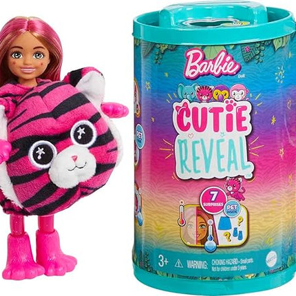 Barbie Cutie Reveal Chelsea Small Doll, Jungle Series Tiger Plush Costume, 7 Surprises Including Mini Pet & Color Change