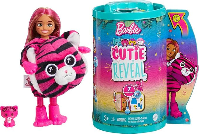 Barbie Cutie Reveal Chelsea Small Doll, Jungle Series Tiger Plush Costume, 7 Surprises Including Mini Pet & Color Change