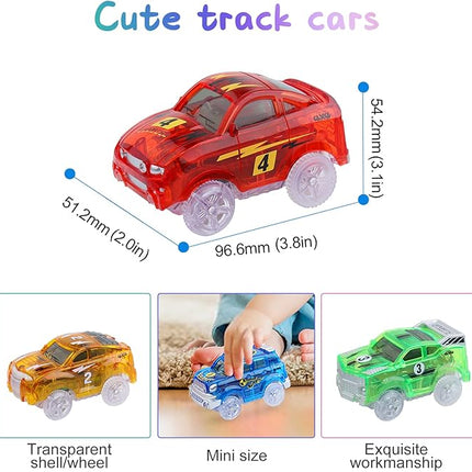 Track Cars Magic Toy Gifts 4 Pack Replacement Track Cars for 3 4 5 6 7 8 Years Old Kids Boys Girls Toy Track Cars with 5 LED Lights Glow in The Dark Compatible with Most Tracks