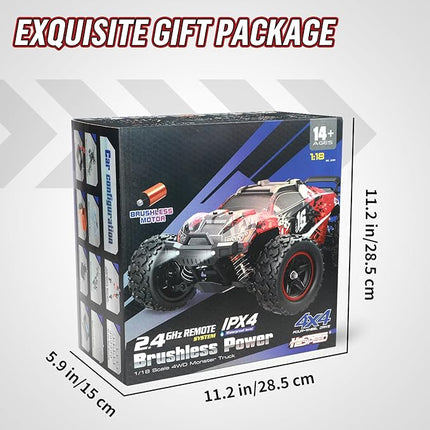 1/18 Brushless RC Car for Adults & Kids, 52KM/H Fast Multi-Terrain Off-Road RC Truck, 2.4GHz Remote Controller and 2 x 7.4V 1500mAh Li-on Batteries