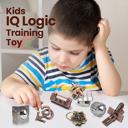 Wettarn 9 Pcs Metal Brain Teaser Puzzles Teaser 3D Steel Puzzle for Adults Unlock Interlocking Games IQ Education Smart Logic Test Toys for Adults Mind Challenge(Educational Style)