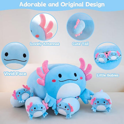 Axolotl Plush, 16" Cute Axolotl Stuffed Animals Mommy with 4 Baby Plushies in Tummy,Soft Jumbo Axolotl Plush Christmas and Birthday Gifts for Girls Boys
