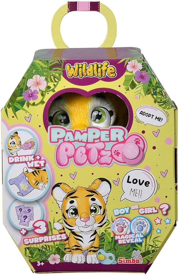 Simba Pamper Petz Tiger, Interactive Plush Toy, Stuffed Animal, Magic Paw, Drinking & Wetting Function, 15cm, 3+ Years