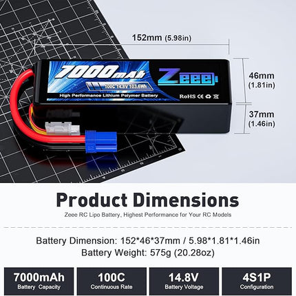 Zeee 4S Lipo Battery 7000mAh 14.8V 100C Soft Pack RC Battery EC5 Connector with Metal Plates for RC Car RC Truck RC Tank Racing Hobby