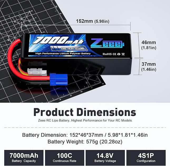 Zeee 4S Lipo Battery 7000mAh 14.8V 100C Soft Pack RC Battery EC5 Connector with Metal Plates for RC Car RC Truck RC Tank Racing Hobby