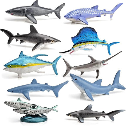 10PCS Mini Ocean Animals Sharks Fish Creatures Educational Sea Science Toy Set - Animal Figurines, Sailfish Figure - Bulk Kids Birthday Gift