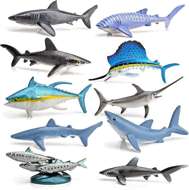 10PCS Mini Ocean Animals Sharks Fish Creatures Educational Sea Science Toy Set - Animal Figurines, Sailfish Figure - Bulk Kids Birthday Gift