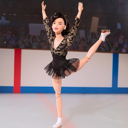 Barbie Inspiring Women Doll, Kristi Yamaguchi Collectible in 1992 Winter Olympics Costume, Sparkly Black and Gold Leotard and White Skates