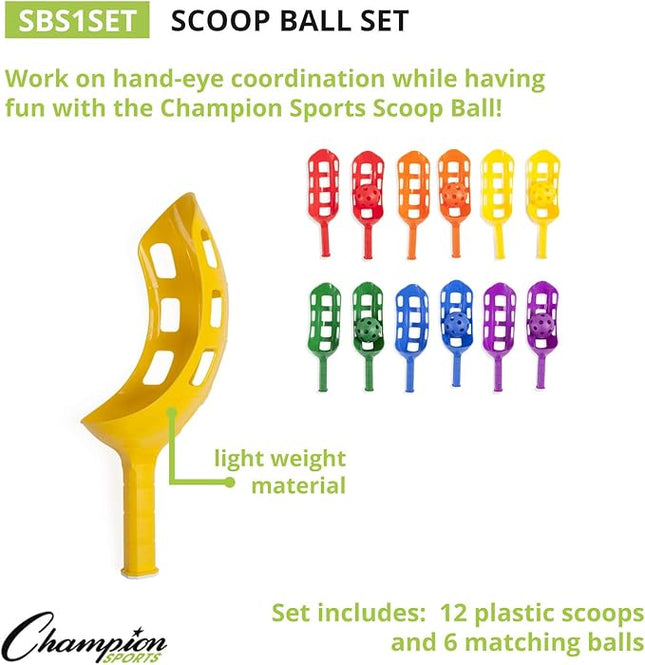 Champion Sports Scoop Ball Set, Plastic, Assorted Colors, 2 Scoops,1 Ball/set, 6/set