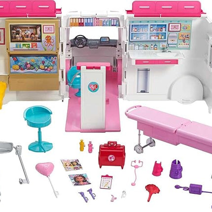 Barbie Playset with 20+ Accessories, Emergency Vehicle Transforms into 2+ Foot Hospital with Lights and Sounds, Care Clinic