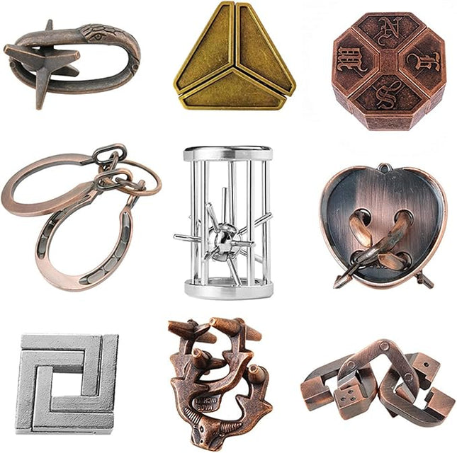 VolksRose 9pcs Brain Teaser Puzzles, Metal Wire Puzzles Set, Mind Smart Game IQ Challenge Puzzle Games, Educational IQ Test Unlock Interlocking Toy Lock Puzzles Gift for Adults Teenagers