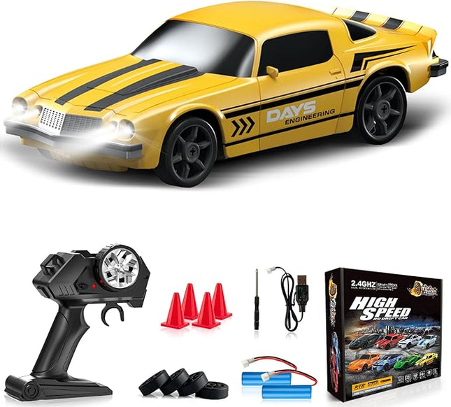 Remote Control Car RC Drift Car 2.4GHz 1:24 4WD 15KM/H High Speed Racing Sport Car with LED Lights Drifting Tire Racing Sport Toy for Adults Boys Girls Kids Gift 2Pcs Rechargeable Batteries