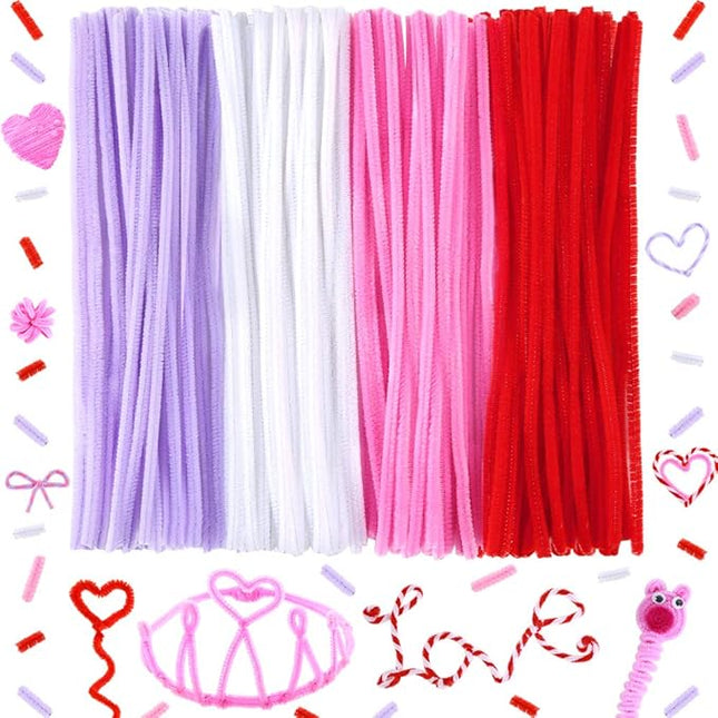 Caydo 200 Pieces Pink Pipe Cleaners 6 mm x 12 inch, Creative Crafts Decorations in 4 Colors for Valentine's Day Decorations (Red, Pink, White, Purple)