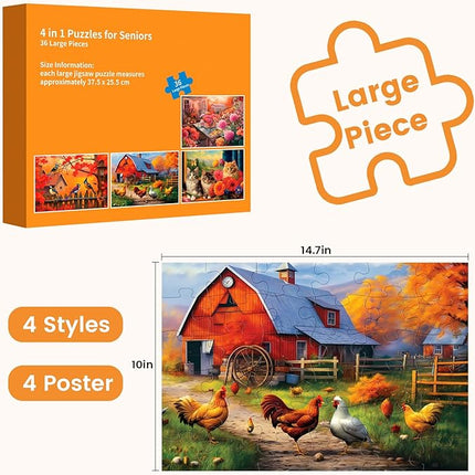 36 Large Piece Puzzles for Seniors, Dementia Puzzles for Elderly Jigsaw Puzzles for Alzheimers Dementia Products Activities Memory Games for Seniors Gifts for Men Women 14.8 * 10IN, 4 Pack