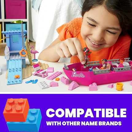 MEGA Barbie Kids Building Toy Set, Malibu Dream Boat with 317 Pieces, 2 Micro-Dolls and Accessories, Pink, Ages 6+ Years