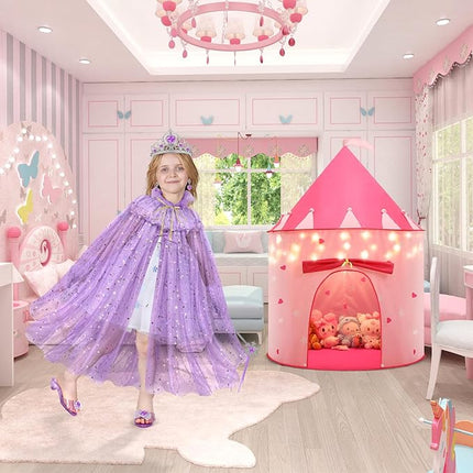 WTOR 15Pcs Princess Castle Play Tent Dress Up with LED Glow in The Dark Stars for Little Girls－Princess Dress Up Cape with Crown,Girl Play Tent/House Toy for Indoor & Outdoor Use (Purple)