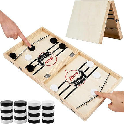 Foldable Fast Sling Puck Game with Chess Board and Checkers Board, Tic Tac Toe. Wooden Air Hockey Family Night,Table Games Gifts for Adults and Kids
