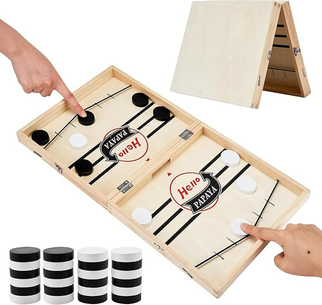 Foldable Fast Sling Puck Game with Chess Board and Checkers Board, Tic Tac Toe. Wooden Air Hockey Family Night,Table Games Gifts for Adults and Kids