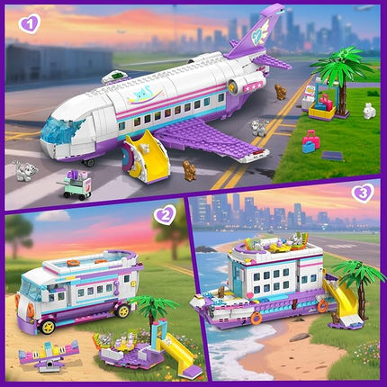 HOGOKIDS 3-in-1 Friends Airplane Building Toy Set - 808PCS Plane/Boat/Camper Van Building Toys with Cute 6 Mini Animals, Slide, Fun Accessories and Stickers, Birthday Gifts for Girls Boys Age 8-12+