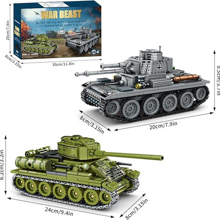 WW2 2 in 1 Army Tank Building Blocks Kit Create a German 38T & a Soviet T-34 Tank Military Toy Sets Birthday for Age 6+ Children Teens Adults 1008 Pieces