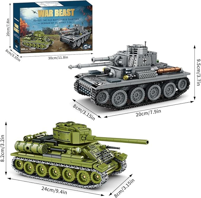 WW2 2 in 1 Army Tank Building Blocks Kit Create a German 38T & a Soviet T-34 Tank Military Toy Sets Birthday for Age 6+ Children Teens Adults 1008 Pieces