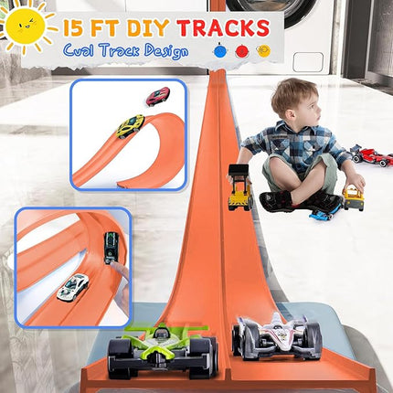 16Ft Flexible Race Track for Kids, Race Car Ramp Track Compatible with Hot Wheel and Diecast 1/64th Cars, Portable Roll Up Race Tracks with Strong Suction Cups - Orange