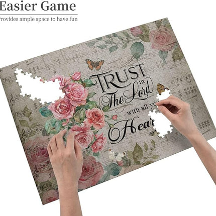 Christian Jigsaw Puzzles 500 Pieces for Adults, Trust in The Lord Bible Quote with Roses & Sheet Music, Religious Wooden Puzzle for Stress Relief, Faith-Based Gift & Wall Decor