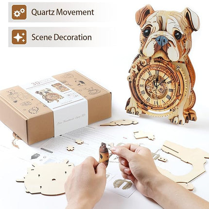 3D Wooden Puzzles for Adults, 3D Puzzles Bulldog Clock(with Pendulum) 32Pcs, Beginners Wooden Puzzle for Adults Teens Home Wall Decor Gift for Women Men