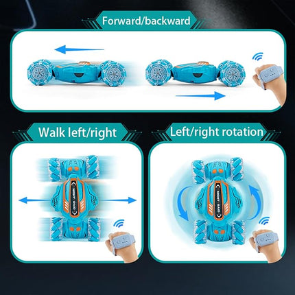 Gesture Sensing RC Stunt Car-Best Gifts for Boys 6-12 Years Old,2.4GHz 4WD Remote Control Twist Car with 360° Rotation, Music & Cool Lights,Off-Road Vehicle with Dual Batteries (Blue)