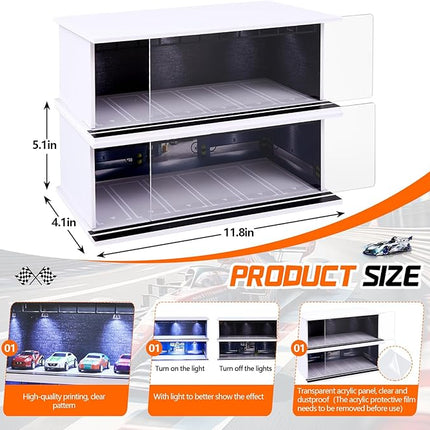 2 Pcs Display Case for Toy Car Garage with LED Light Stackable 1/64 Scale Diecast Toy Cars Garage for Maximum 58 Model Car Display and Storage(Depot)