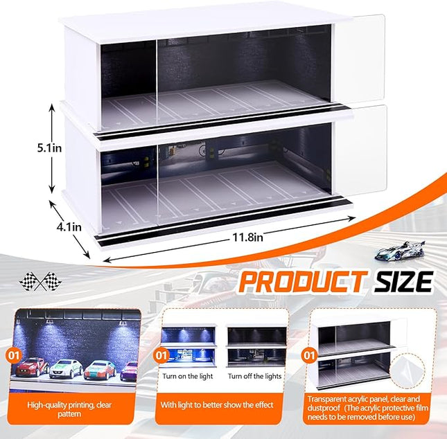 2 Pcs Display Case for Toy Car Garage with LED Light Stackable 1/64 Scale Diecast Toy Cars Garage for Maximum 58 Model Car Display and Storage(Depot)