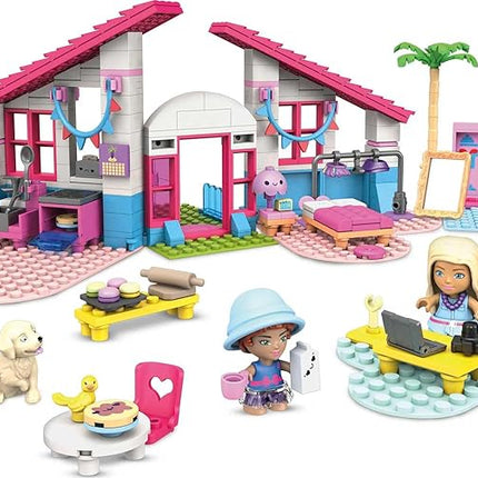 MEGA Construx Barbie Kids Building Toy Set, Malibu House with 303 Pieces, 2 Micro-Dolls, Furniture and Accessories, Ages 5+ Years