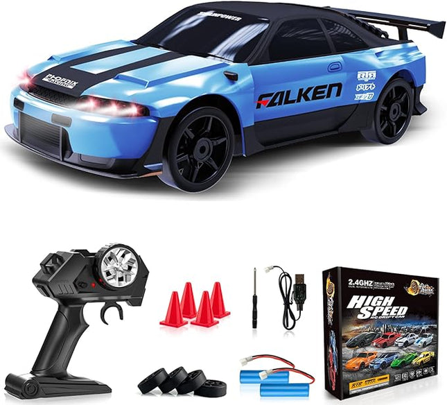 Remote Control Car RC Drift Car 2.4GHz 1:24 4WD 15KM/H High Speed Racing Sport Car with LED Lights Drifting Tire Racing Sport Toy for Adults Boys Girls Kids Gift 2Pcs Rechargeable Batteries