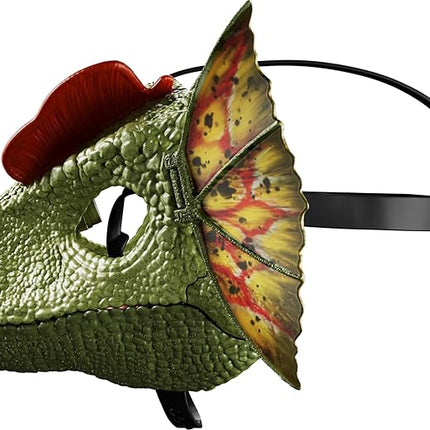 Mattel Jurassic World Dilophosaurus Role Play Mask with Venom Launchin Water Feature, Sound & Adjustable Frill, Dinosaur Costume Headgear Toy