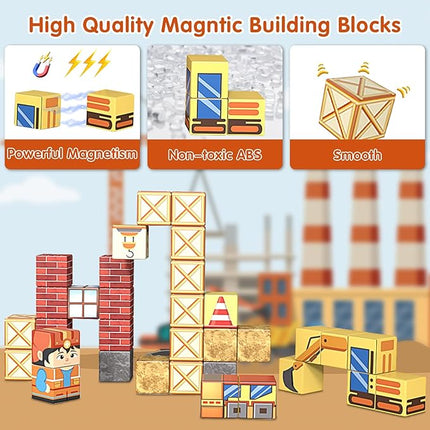 35PCS Magnetic Blocks for Kids - STEM Learning Creative Construction Sets Building Cubes with Portable Iron Storage Box, Educational Travel Games, Road Trip Sensory Toys Magnetic Tiles (Construction)
