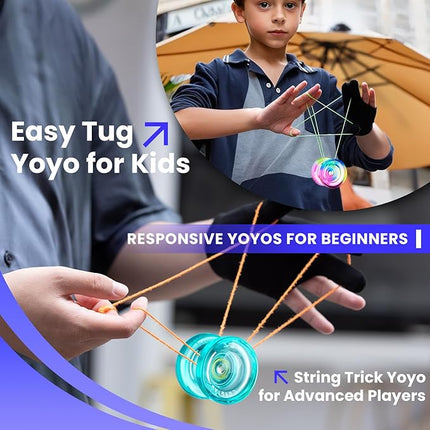 MAGICYOYO Pack of 2 Yoyos - K2 Responsive Yo-yo for Kids Beginners Yo Yo with 2 Yoyo Gloves, 2 Yo yo Bags, 12 Yo-yo Strings (Crystal Green+Blue Pink Yellow)