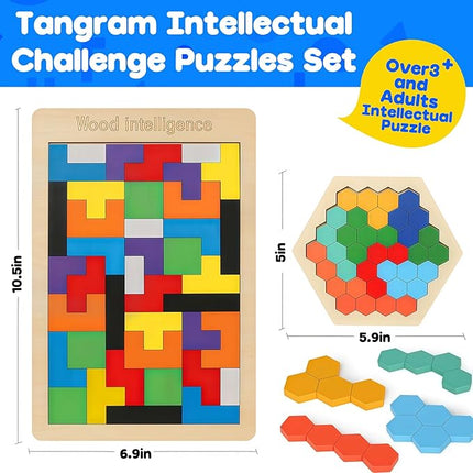 Skrtuan Wooden Hexagon Puzzle for Kid Adults Pattern Blocks Brain Teasers Tangram Puzzles Toy Jigsaw Board Geometry Logic IQ Travel Game STEM Montessori Educational Toys Gift, Puzzle Set, 4 Pack