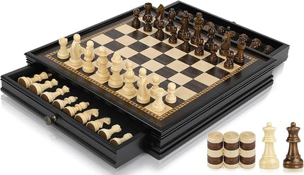 Peradix Magnetic Chess Checkers Board Sets with 2 Built-in Storage Drawers,12.8" Classic 2 in 1 Wooden Games with 2 Extra Queens for Kids and Adults,Travel Portable Chess Game Set