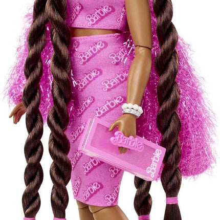Barbie Extra Doll & Accessories with Long Brunette Styled Hair in Pink 2-Piece Outfit with Sparkly Jacket & Pet Puppy