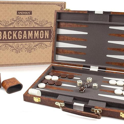 AMEROUS Backgammon Set, 15 Inches Classic Board Game with Leather Case, Folding Board, Gift Package, Portable Travel Strategy Backgammon Game Set for Adults, Kids (Medium, Brown)