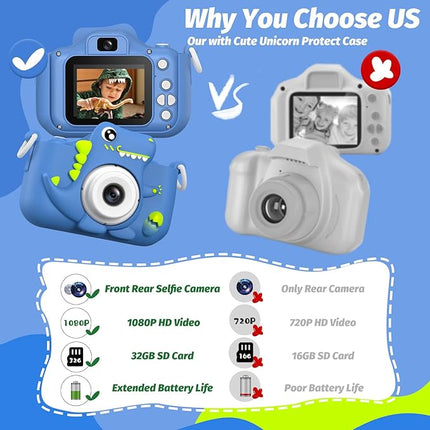 Upgrade Dinosaur Kids Camera, Christmas Birthday Gifts for Girls Boys 3-12, 1080P HD Selfie Digital Video Camera for Toddlers, Cute Portable Little Girls Boys Gifts Toys for 3 4 5 6 7 8 9 Years Old