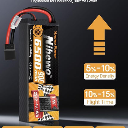 2S Lipo Battery 6500mAh 7.4V RC Battery 90C Hard Case with Tr + EC5 Plug Compatible with RC Car Truck Vehicles Truggy Buggy Boat Airplane Models