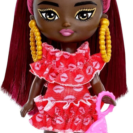 Barbie Extra Mini Minis Doll with Burgundy Hair, Red Ruffle Dress, Sunglasses & Accessories & Stand, 3.25-inch