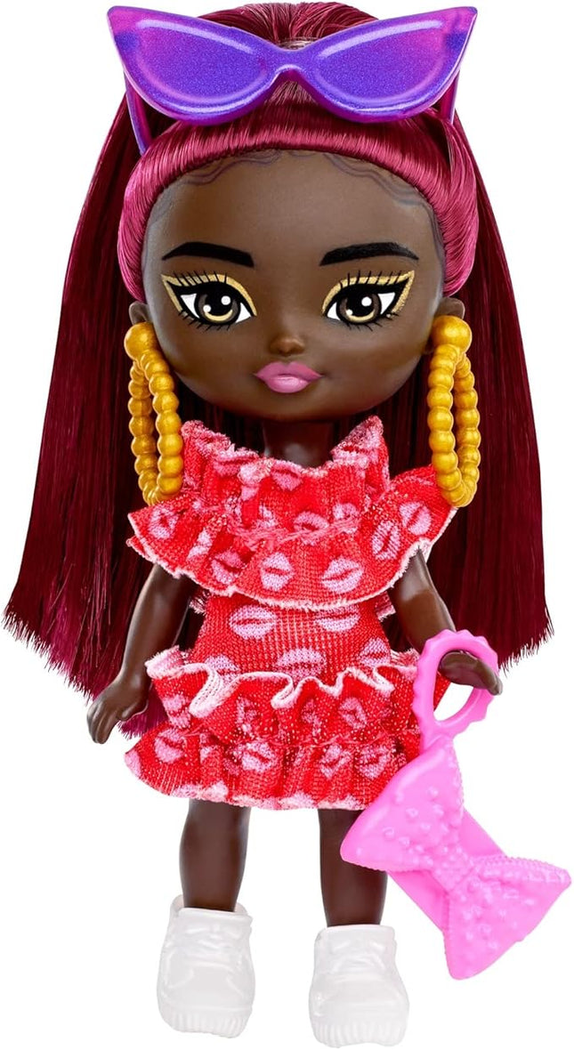 Barbie Extra Mini Minis Doll with Burgundy Hair, Red Ruffle Dress, Sunglasses & Accessories & Stand, 3.25-inch