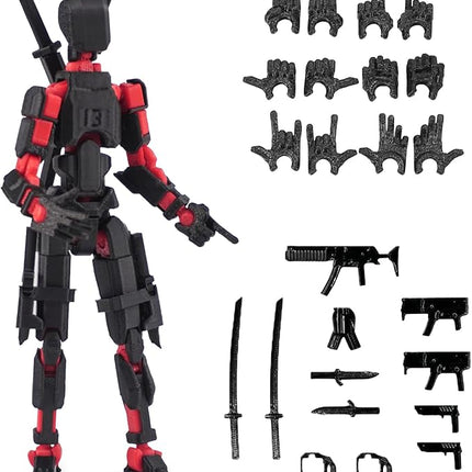 Pre-Assembly 3D Printed 5.54'' Dummy13 Action Figure, Multi-Jointed Tian13, Articulated T13 Desktop Decoration,12 in 1 Accessories, Best Birthday Festival Gift (Black Mix red)