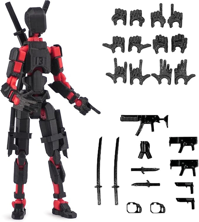 Pre-Assembly 3D Printed 5.54'' Dummy13 Action Figure, Multi-Jointed Tian13, Articulated T13 Desktop Decoration,12 in 1 Accessories, Best Birthday Festival Gift (Black Mix red)