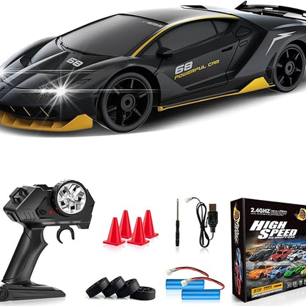 Remote Control Car RC Drift Car 2.4GHz 1:24 4WD 15KM/H High Speed Racing Sport Car with LED Lights Drifting Tire Racing Sport Toy for Adults Boys Girls Kids Gift 2Pcs Rechargeable Batteries